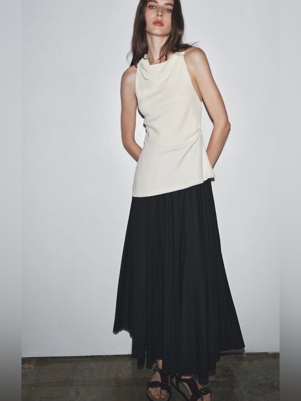Zara NWT ZW Collection Flowy Drop Waist Combination Halter Knot Midi Maxi Dress